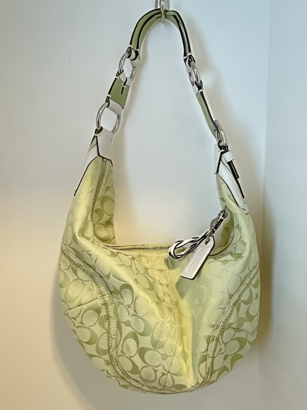 Coach White & Green Signature Mongram Hobo Bag